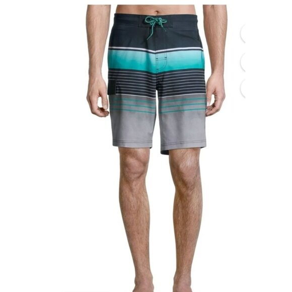 Mens George Swimsuit Trunks Navy Blue Aqua Gray Drawstring Waist Size L 36-38 - Picture 1 of 9